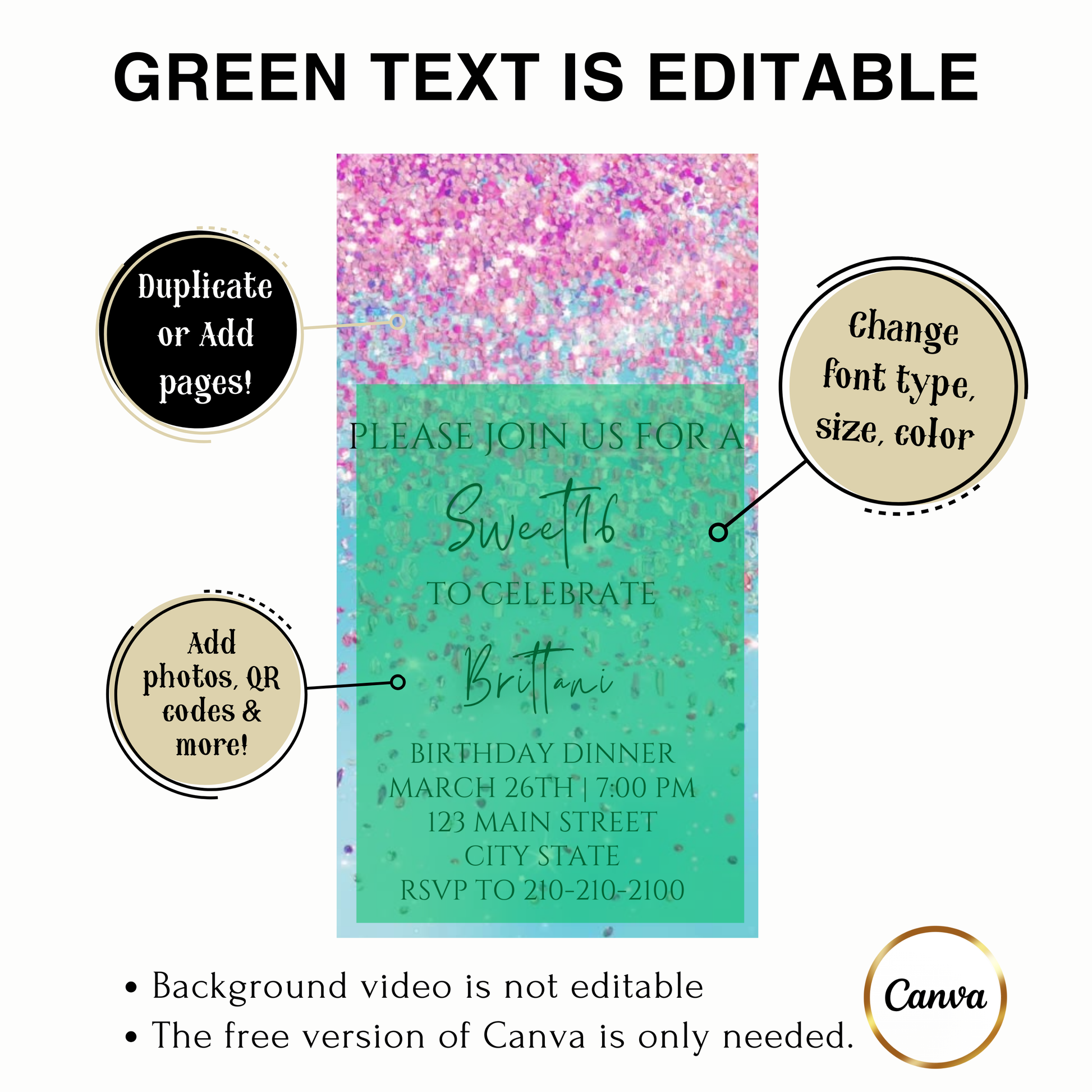 Editable pink and blue watercolor glitter sweet 16 birthday dinner video invitation displayed on a mobile phone, featuring an animated vertical digital invite with music, created in Canva. This premium video invitation template is designed for sharing by text, email, and social media and works with an interactive RSVP website for easy guest response tracking.