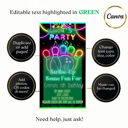 Digital Neon Glow Bowling Party Video Invitation