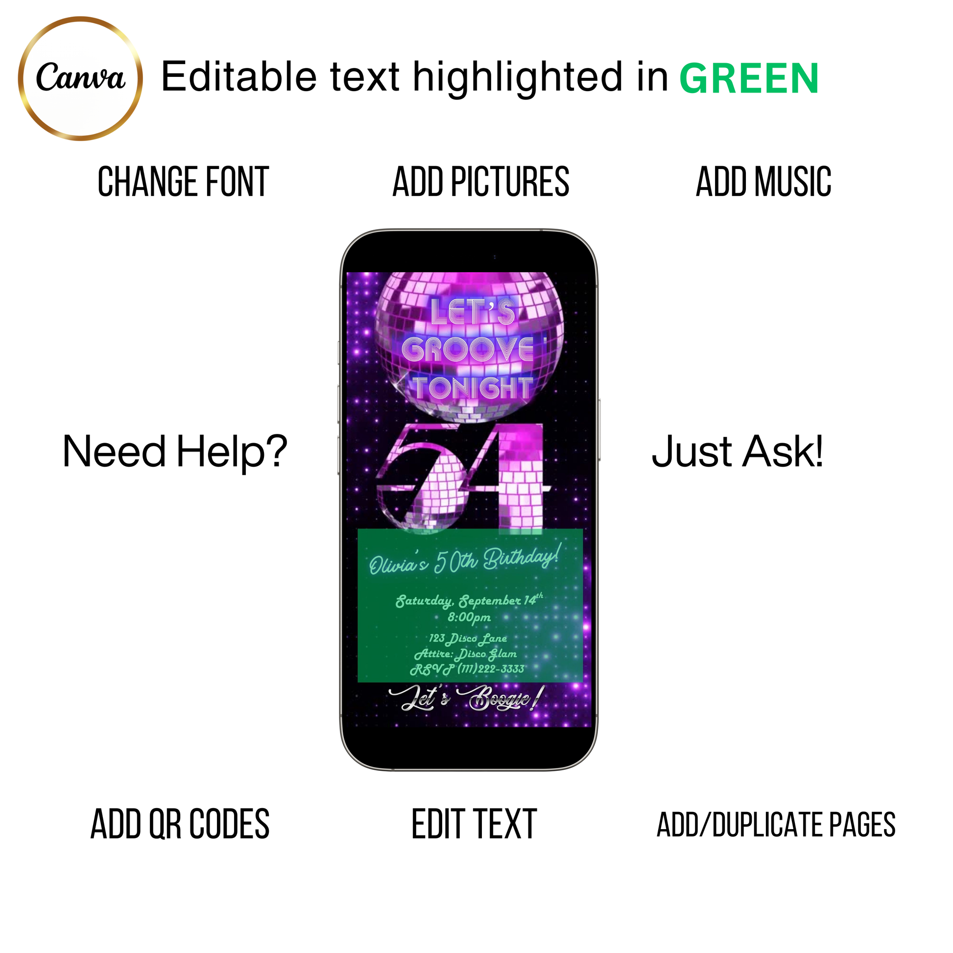 Editable purple disco studio 54 birthday video invitation displayed on a mobile phone, featuring an animated vertical digital invite with music, created in Canva. This premium video invitation template is designed for sharing by text, email, and social media and works with an interactive RSVP website for easy guest response tracking.