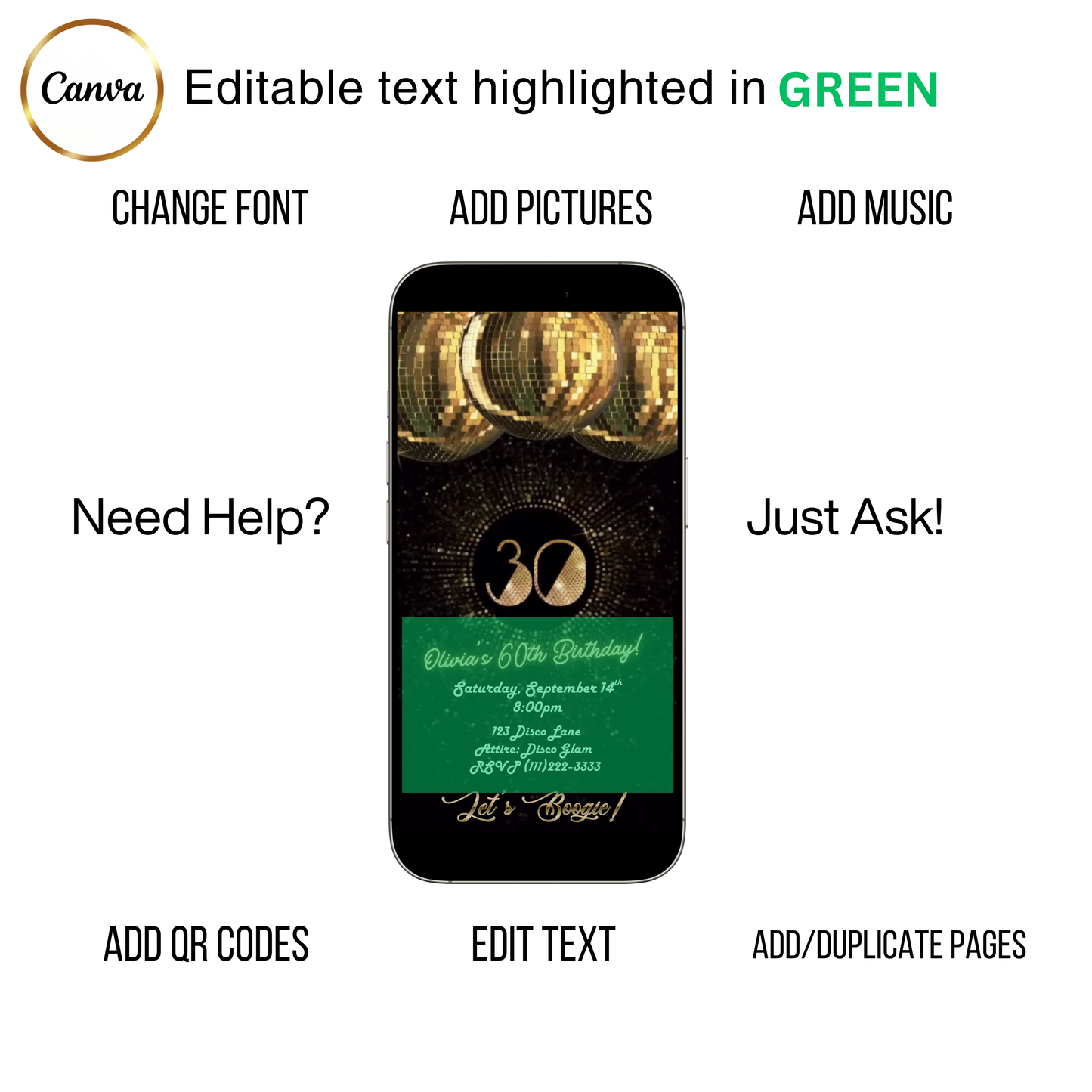 Editable gold disco ball 30th birthday video invitation displayed on a mobile phone, featuring an animated vertical digital invite with music, created in Canva. This premium video invitation template is designed for sharing by text, email, and social media and works with an interactive RSVP website for easy guest response tracking.