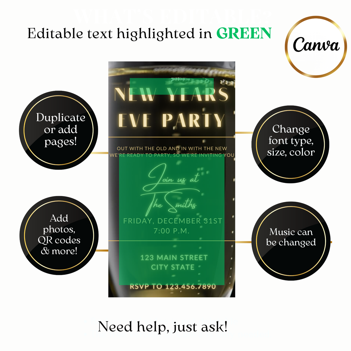 Custom gold champagne digital video invite for New Year