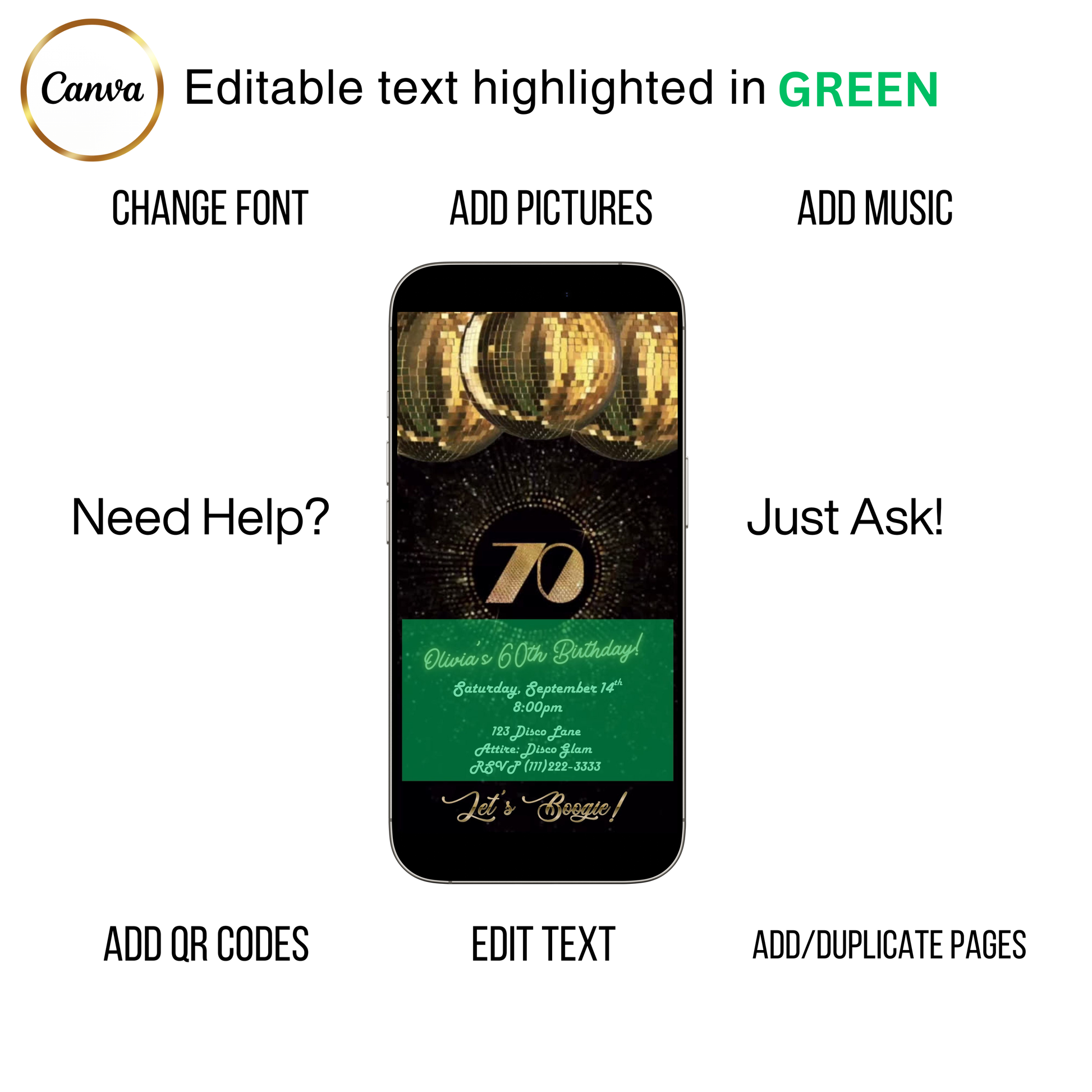 Editable black gold glitter 70th birthday video invitation displayed on a mobile phone, featuring an animated vertical digital invite with music, created in Canva. This premium video invitation template is designed for sharing by text, email, and social media and works with an interactive RSVP website for easy guest response tracking.