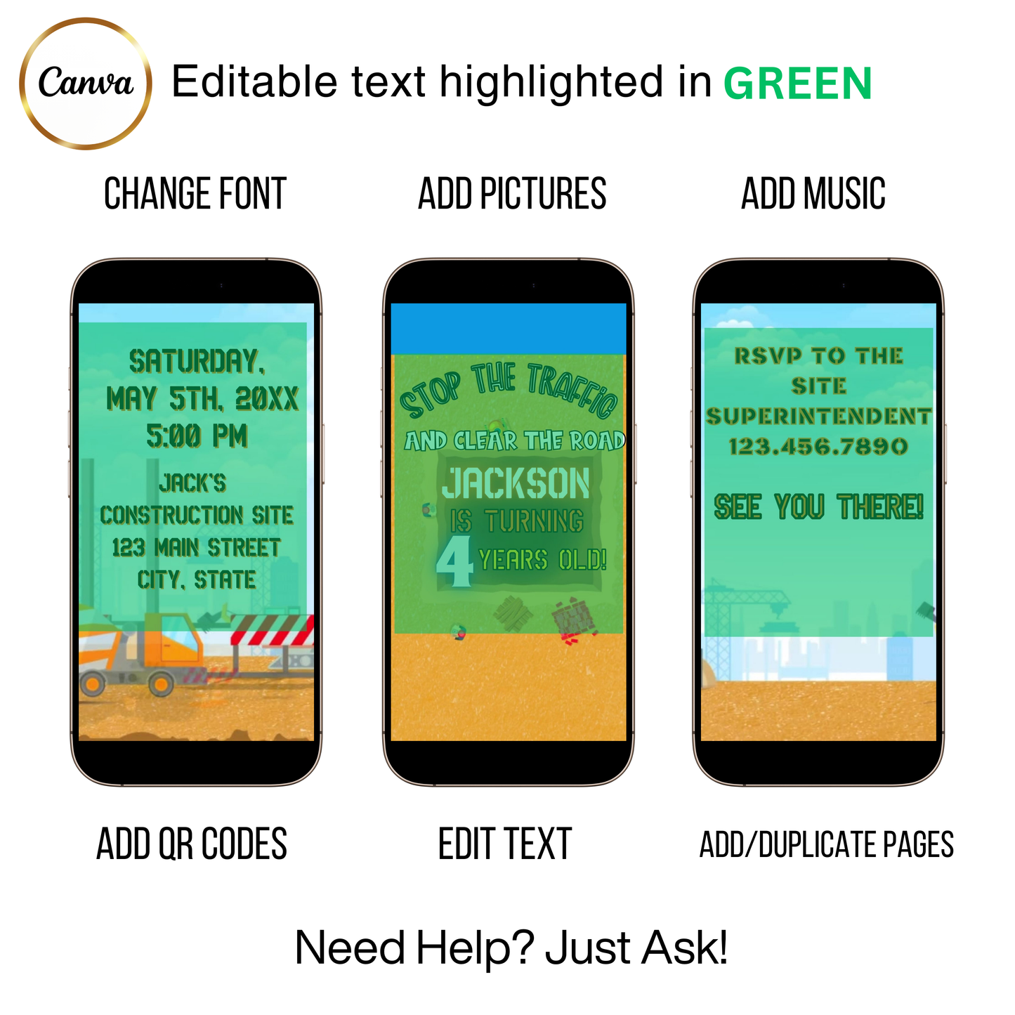 Editable construction theme 4th birthday video invitation displayed on a mobile phone, featuring an animated vertical digital invite with music, created in Canva. This premium video invitation template is designed for sharing by text, email, and social media and works with an interactive RSVP website for easy guest response tracking.