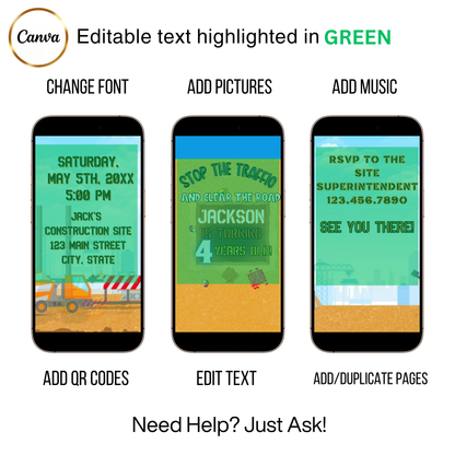 Editable construction theme 4th birthday video invitation displayed on a mobile phone, featuring an animated vertical digital invite with music, created in Canva. This premium video invitation template is designed for sharing by text, email, and social media and works with an interactive RSVP website for easy guest response tracking.
