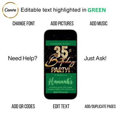 Editable black gold fireworks 35th birthday video invitation displayed on a mobile phone, featuring an animated vertical digital invite with music, created in Canva. This premium video invitation template is designed for sharing by text, email, and social media and works with an interactive RSVP website for easy guest response tracking.