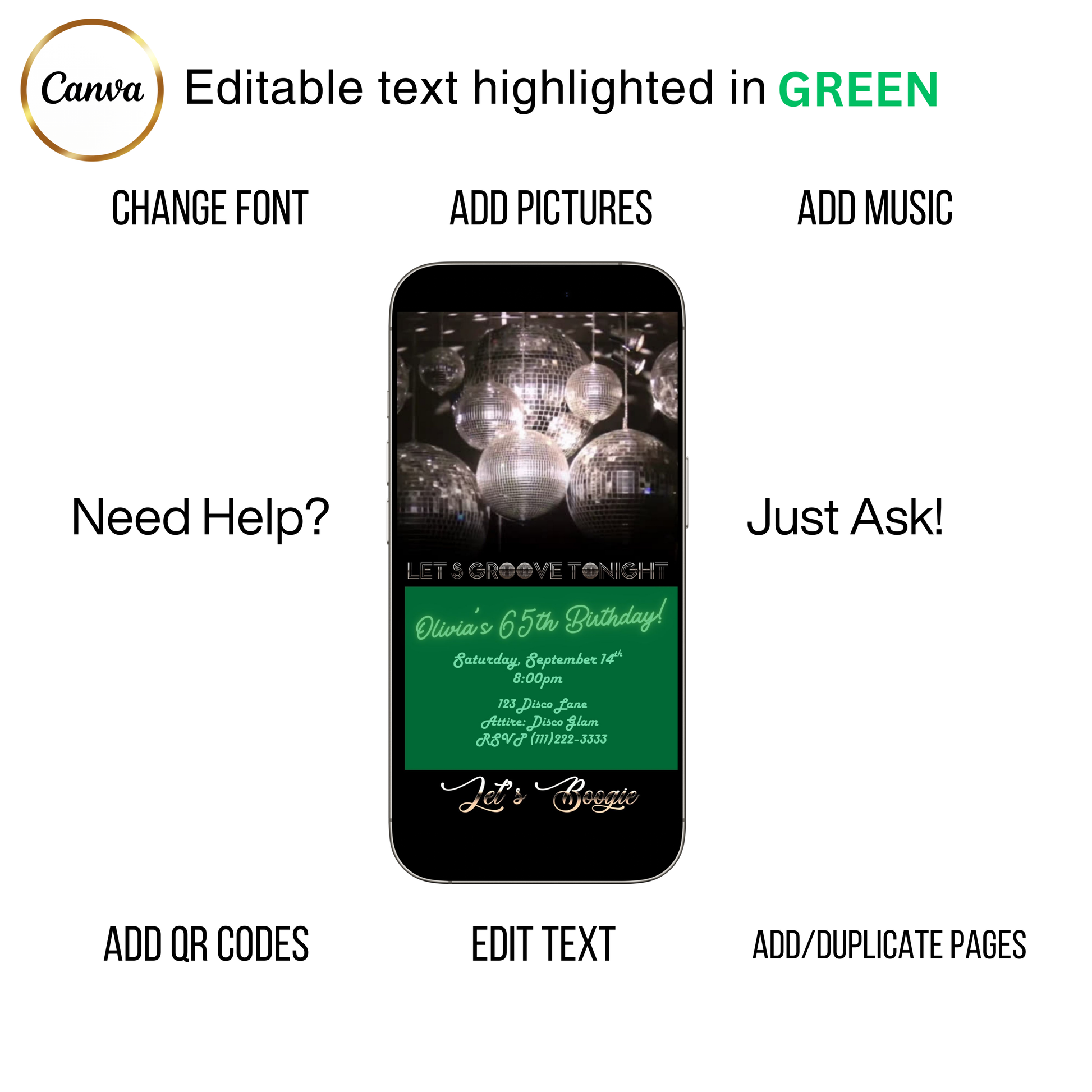 Editable silver disco 65th birthday video invitation displayed on a mobile phone, featuring an animated vertical digital invite with music, created in Canva. This premium video invitation template is designed for sharing by text, email, and social media and works with an interactive RSVP website for easy guest response tracking.