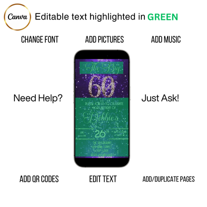 Editable purple shimmer 60th birthday video invitation displayed on a mobile phone, featuring an animated vertical digital invite with music, created in Canva. This premium video invitation template is designed for sharing by text, email, and social media and works with an interactive RSVP website for easy guest response tracking.