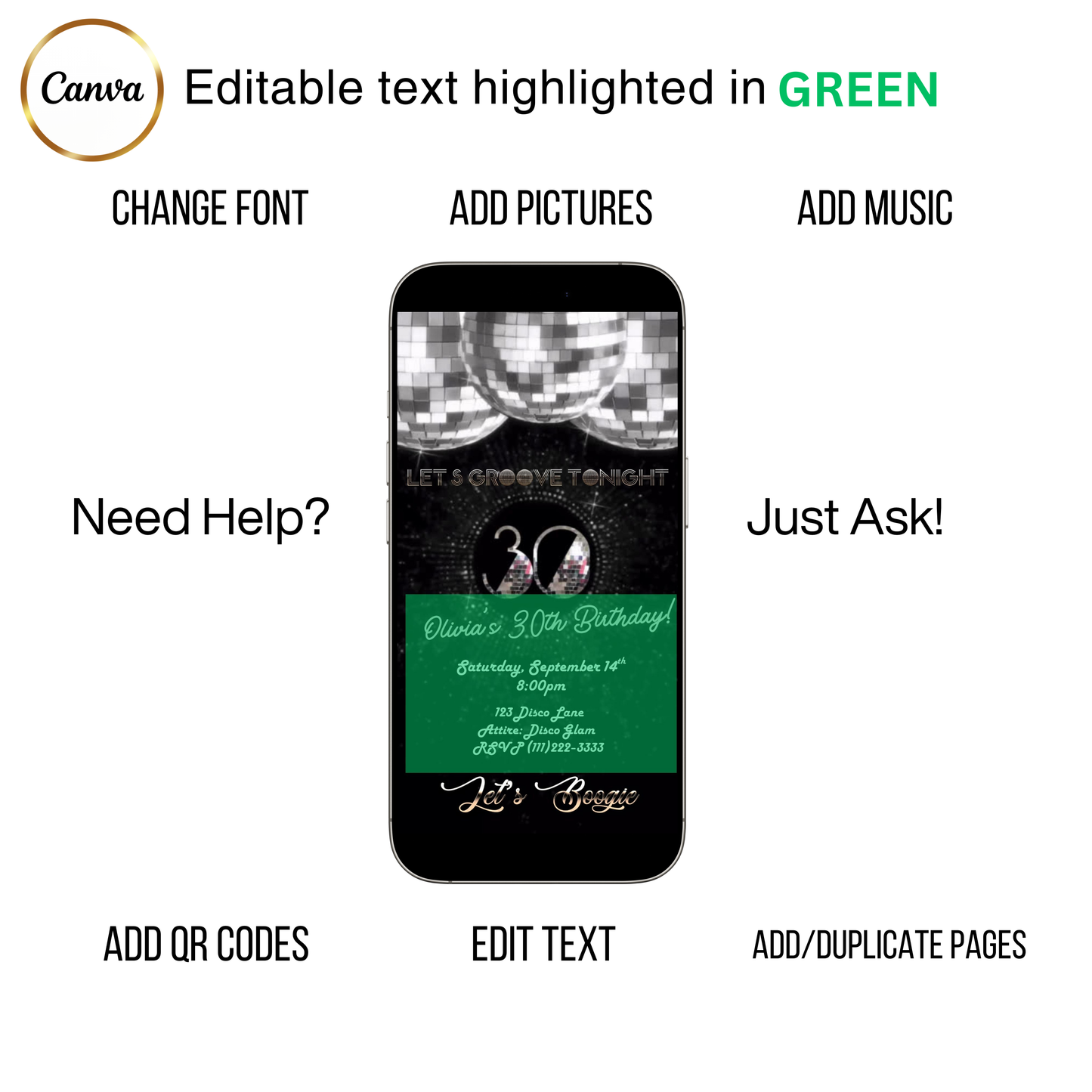 Editable silver disco 30th birthday video invitation displayed on a mobile phone, featuring an animated vertical digital invite with music, created in Canva. This premium video invitation template is designed for sharing by text, email, and social media and works with an interactive RSVP website for easy guest response tracking.