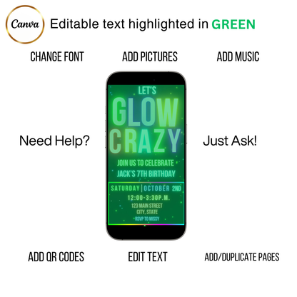 Editable neon glow kids birthday video invitation displayed on a mobile phone, featuring an animated vertical digital invite with music, created in Canva. This premium video invitation template is designed for sharing by text, email, and social media and works with an interactive RSVP website for easy guest response tracking.