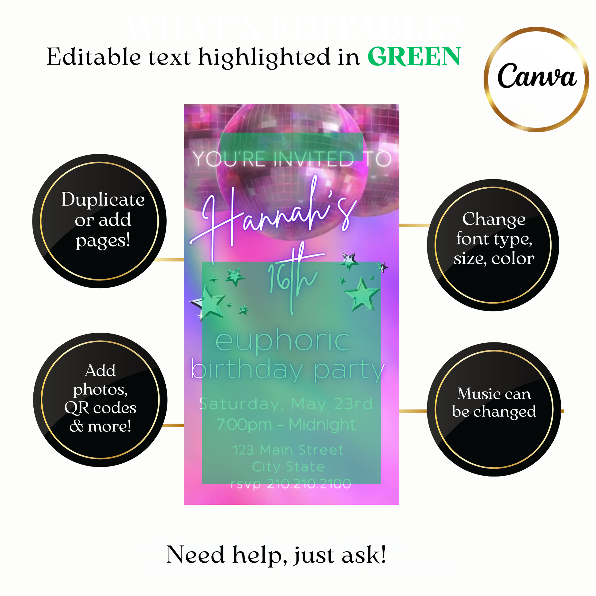 Sixteenth birthday disco video invite customizable