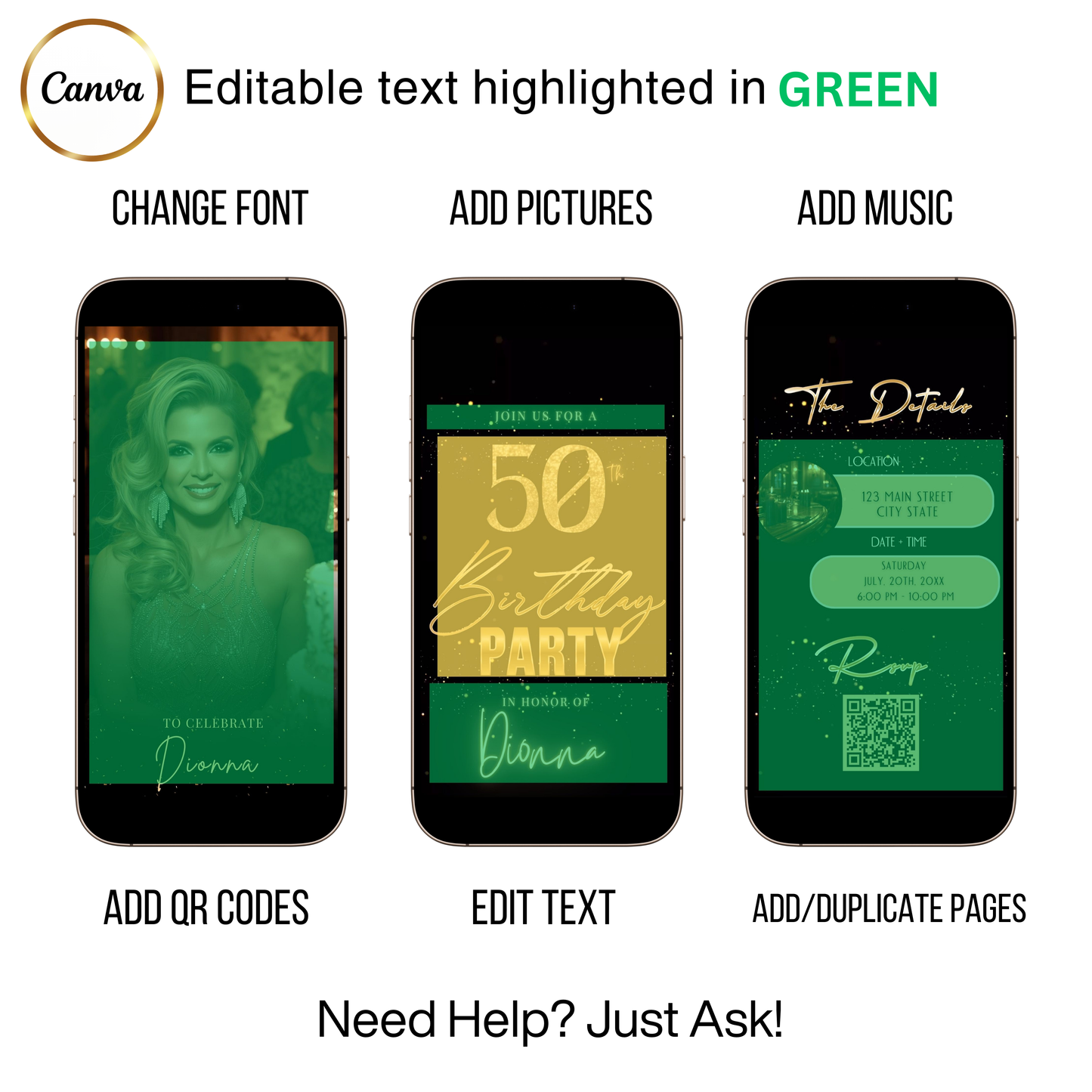 Editable black gold shimmer 50th birthday video invitation displayed on a mobile phone, featuring an animated vertical digital invite with music, created in Canva. This premium video invitation template is designed for sharing by text, email, and social media and works with an interactive RSVP website for easy guest response tracking.