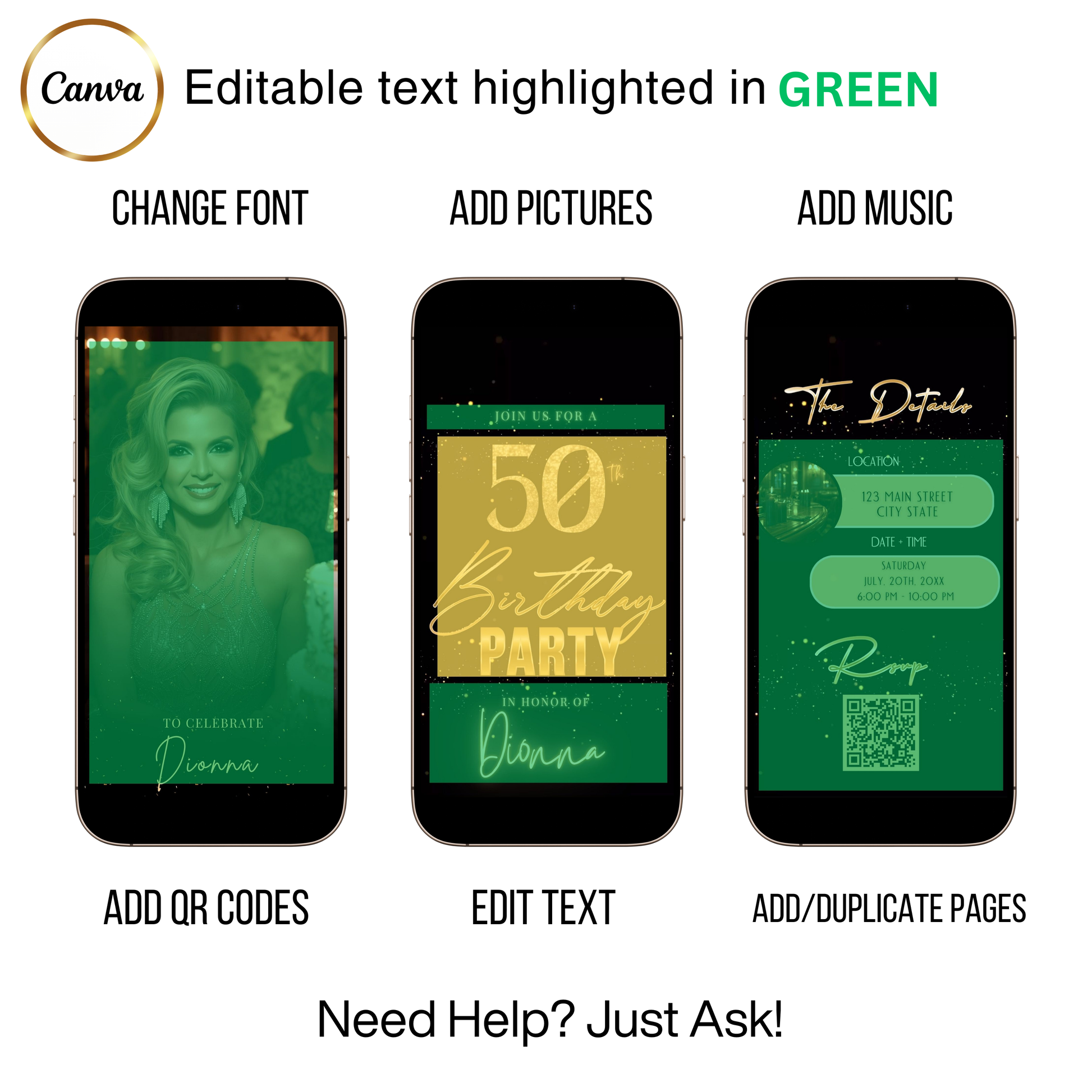 Editable black gold shimmer 50th birthday video invitation displayed on a mobile phone, featuring an animated vertical digital invite with music, created in Canva. This premium video invitation template is designed for sharing by text, email, and social media and works with an interactive RSVP website for easy guest response tracking.