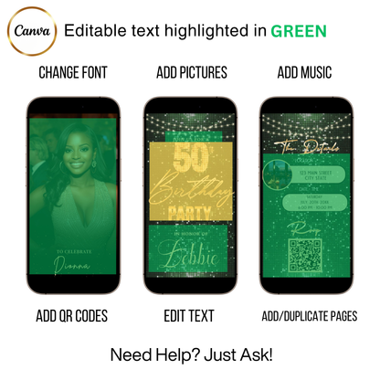 Editable sage green gold glitter 50th birthday video invitation displayed on a mobile phone, featuring an animated vertical digital invite with music, created in Canva. This premium video invitation template is designed for sharing by text, email, and social media and works with an interactive RSVP website for easy guest response tracking.