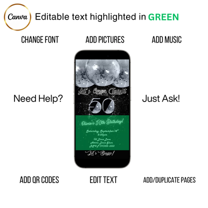 Editable disco silver 50th birthday video invitation displayed on a mobile phone, featuring an animated vertical digital invite with music, created in Canva. This premium video invitation template is designed for sharing by text, email, and social media and works with an interactive RSVP website for easy guest response tracking.