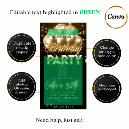 Digital thirty birthday gold balloons video invite