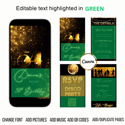 Editable gold disco studio 50th birthday video invitation displayed on a mobile phone, featuring an animated vertical digital invite with music, created in Canva. This premium video invitation template is designed for sharing by text, email, and social media and works with an interactive RSVP website for easy guest response tracking.