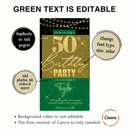 Editable black gold sparkle 50th birthday video invitation displayed on a mobile phone, featuring an animated vertical digital invite with music, created in Canva. This premium video invitation template is designed for sharing by text, email, and social media and works with an interactive RSVP website for easy guest response tracking.