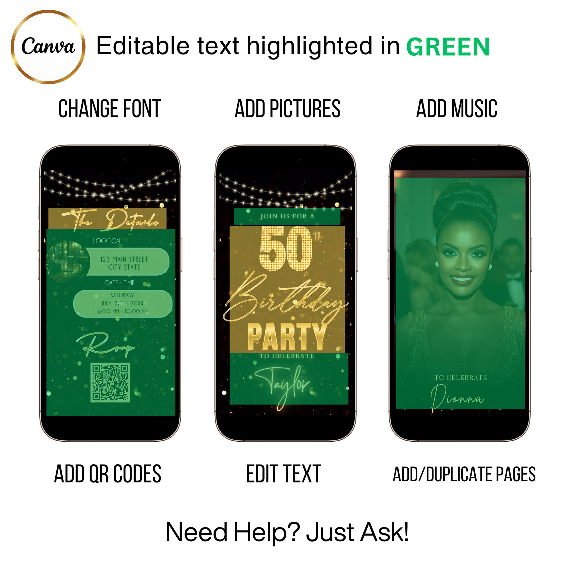 Editable black gold glitter lights 50th birthday video invitation displayed on a mobile phone, featuring an animated vertical digital invite with music, created in Canva. This premium video invitation template is designed for sharing by text, email, and social media and works with an interactive RSVP website for easy guest response tracking.