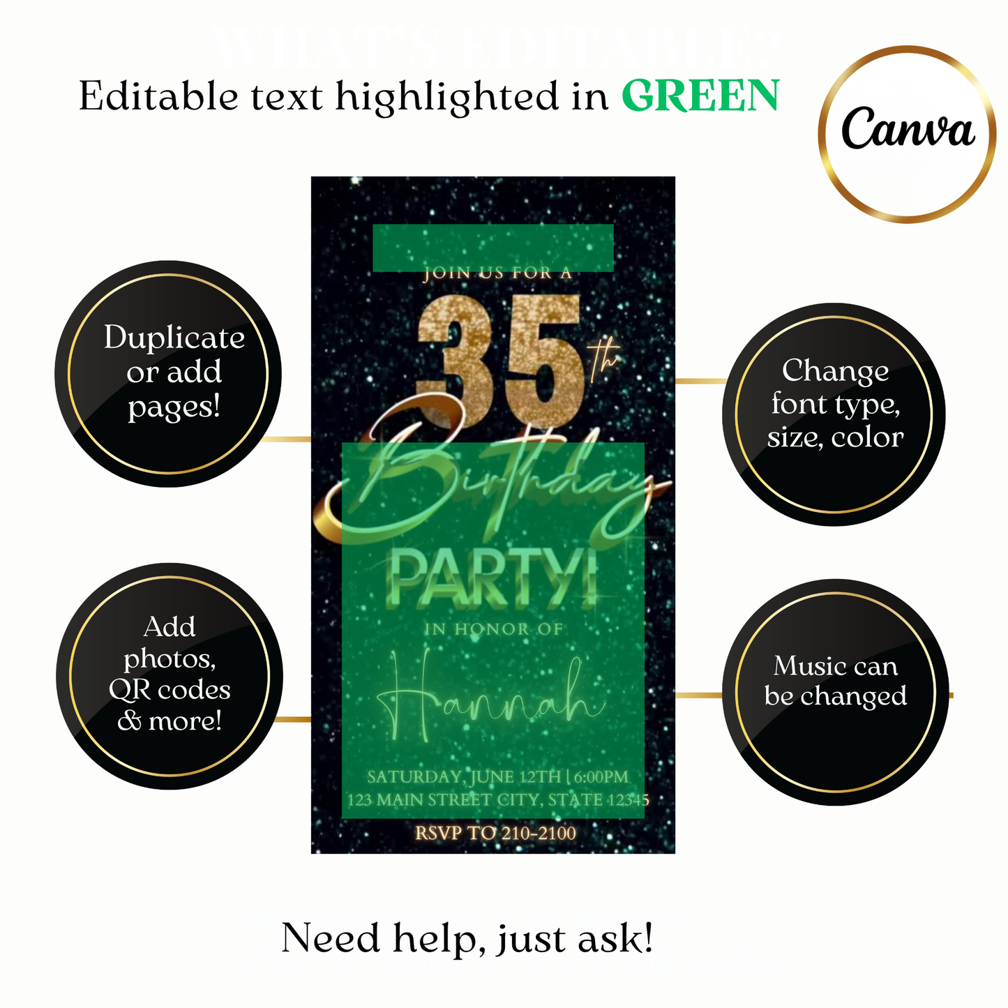 Custom glitter 35th milestone video invite design