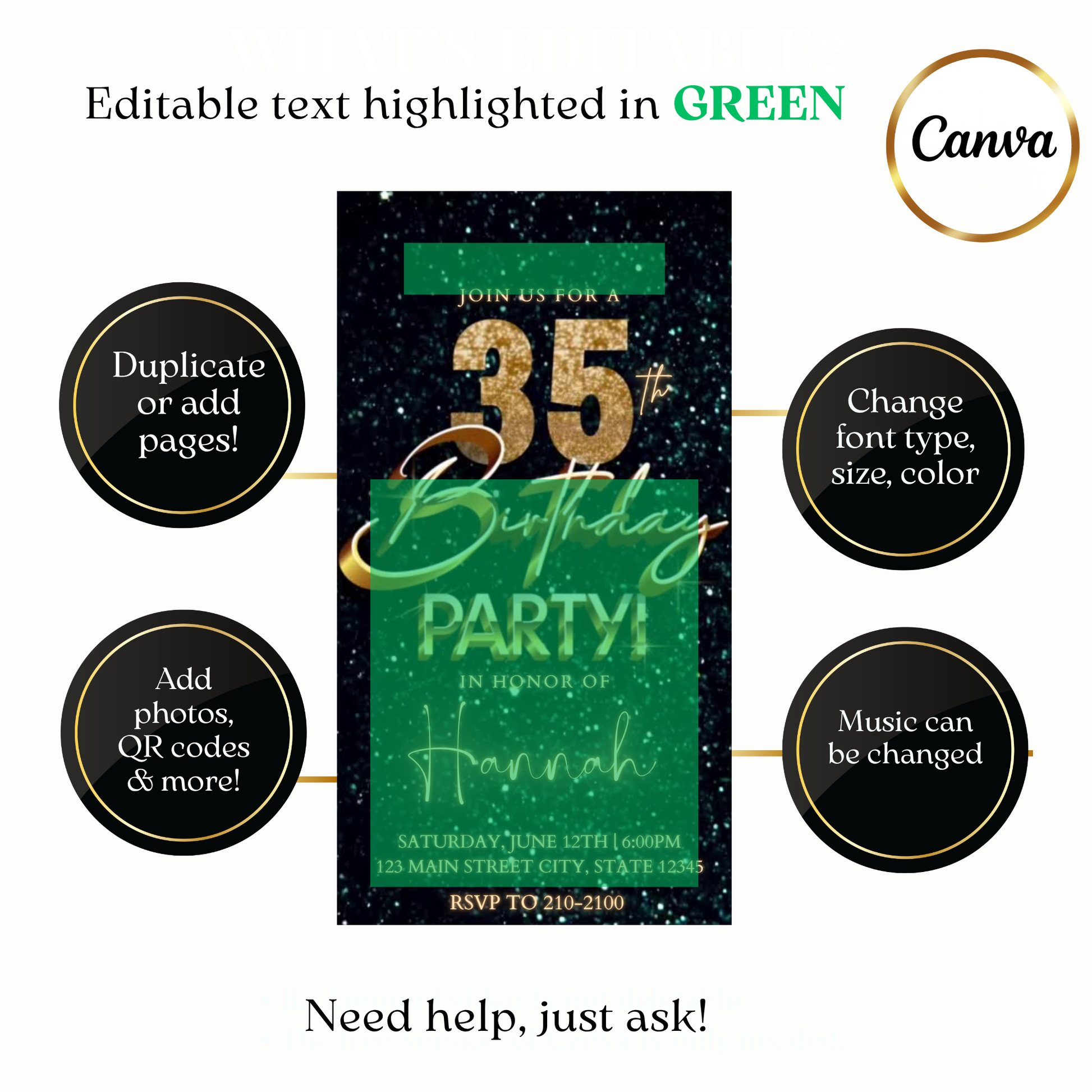 Custom glitter 35th milestone video invite design