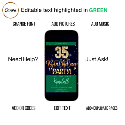 Editable blue gold starry 35th birthday video invitation displayed on a mobile phone, featuring an animated vertical digital invite with music, created in Canva. This premium video invitation template is designed for sharing by text, email, and social media and works with an interactive RSVP website for easy guest response tracking.