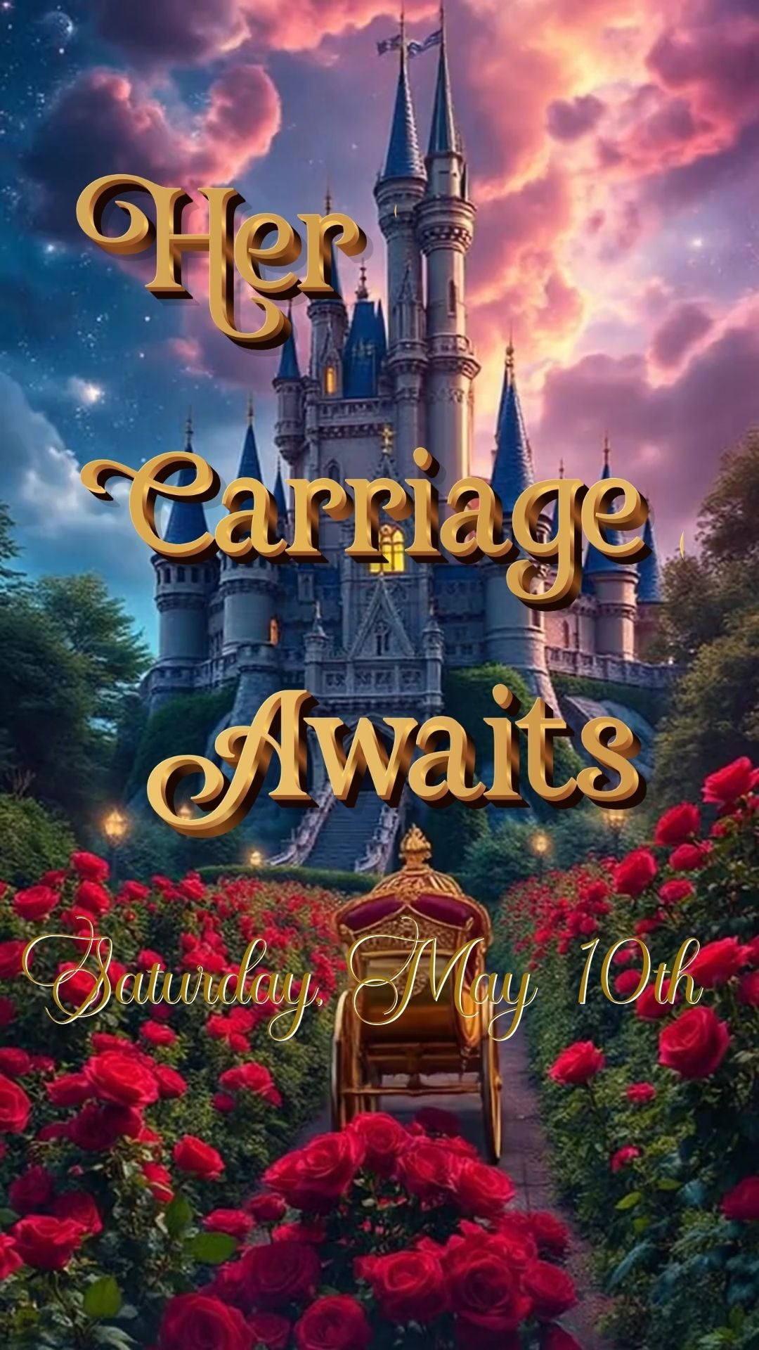 Editable beauty and the beast fairytale quinceañera event video invitation displayed on a mobile phone, featuring an animated vertical digital invite with music, created in Canva. This premium video invitation template is designed for sharing by text, email, and social media and works with an interactive RSVP website for easy guest response tracking.