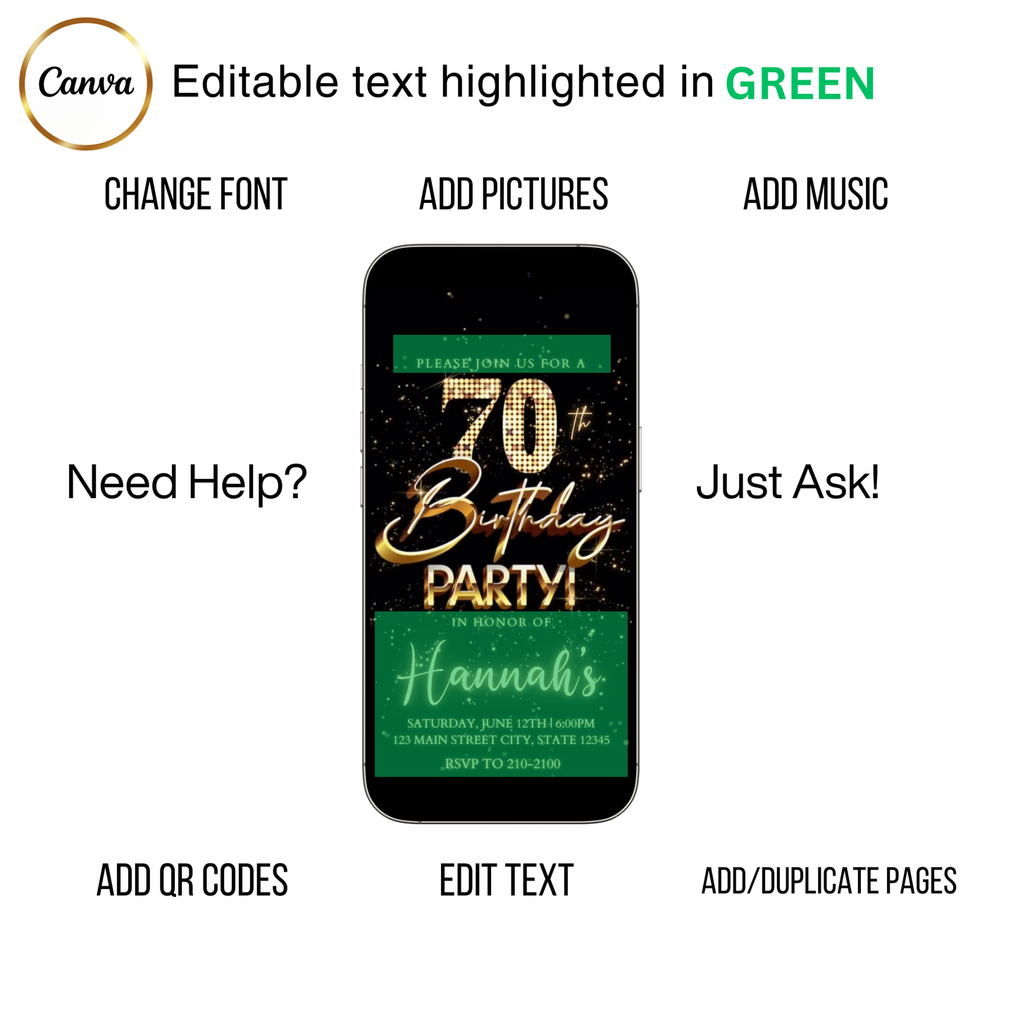 Editable gold fireworks 70th birthday video invitation displayed on a mobile phone, featuring an animated vertical digital invite with music, created in Canva. This premium video invitation template is designed for sharing by text, email, and social media and works with an interactive RSVP website for easy guest response tracking.