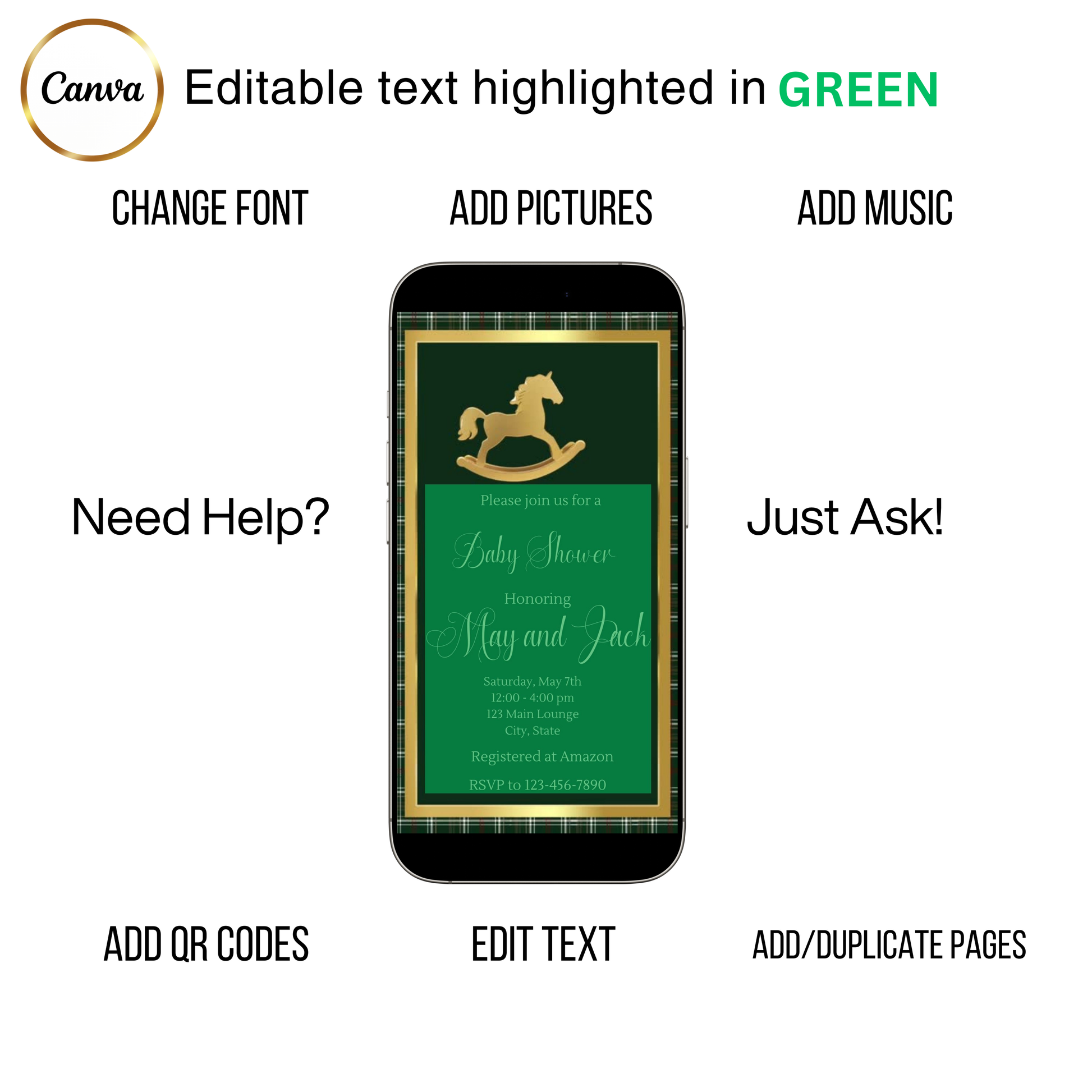 Editable green ralph lauren polo baby shower video invitation displayed on a mobile phone, featuring an animated vertical digital invite with music, created in Canva. This premium video invitation template is designed for sharing by text, email, and social media and works with an interactive RSVP website for easy guest response tracking.