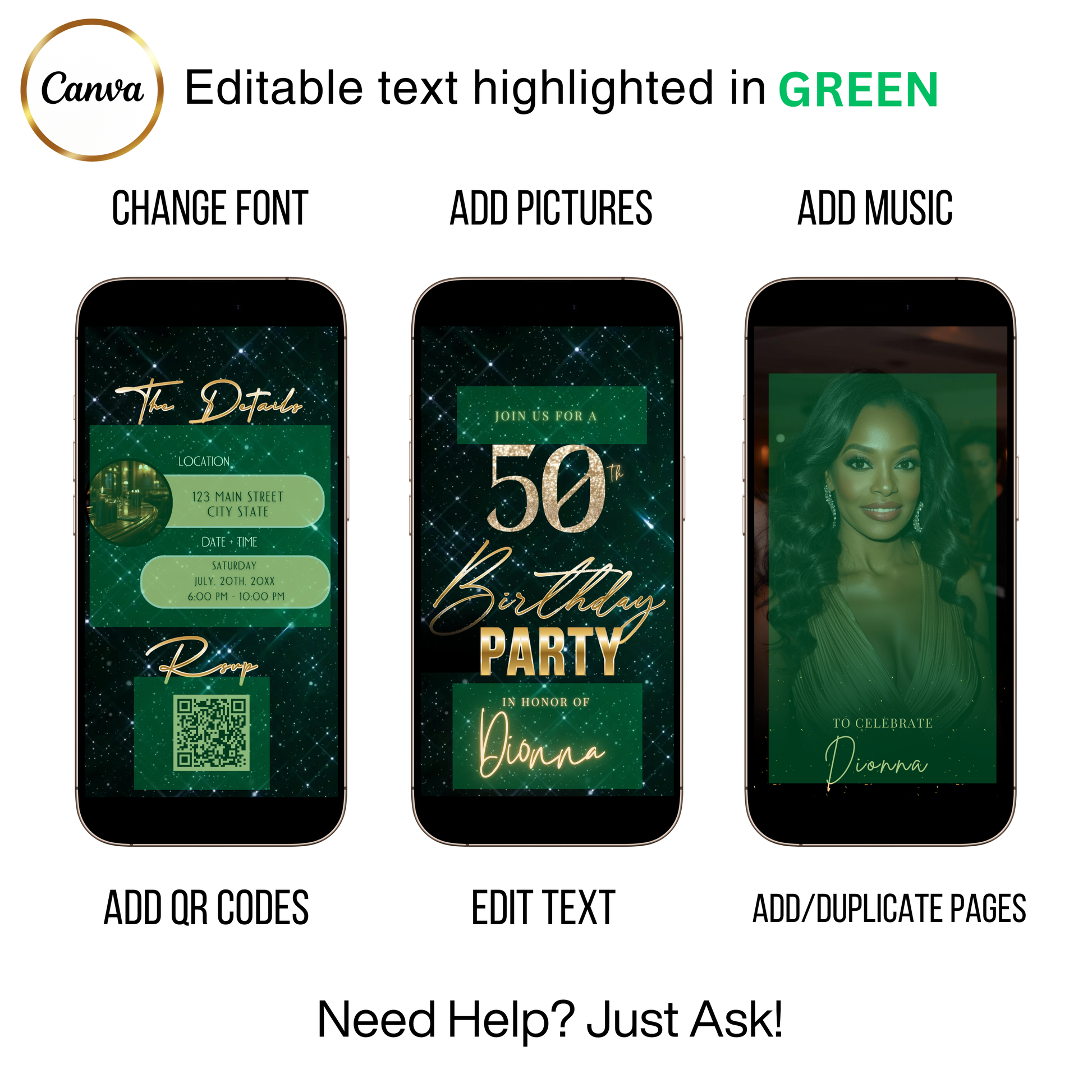 Editable emerald green sparkly 50th birthday video invitation displayed on a mobile phone, featuring an animated vertical digital invite with music, created in Canva. This premium video invitation template is designed for sharing by text, email, and social media and works with an interactive RSVP website for easy guest response tracking.