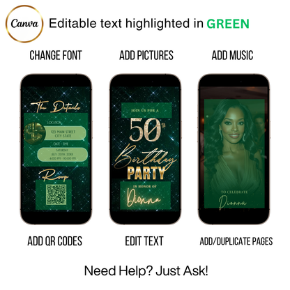 Editable emerald green sparkly 50th birthday video invitation displayed on a mobile phone, featuring an animated vertical digital invite with music, created in Canva. This premium video invitation template is designed for sharing by text, email, and social media and works with an interactive RSVP website for easy guest response tracking.