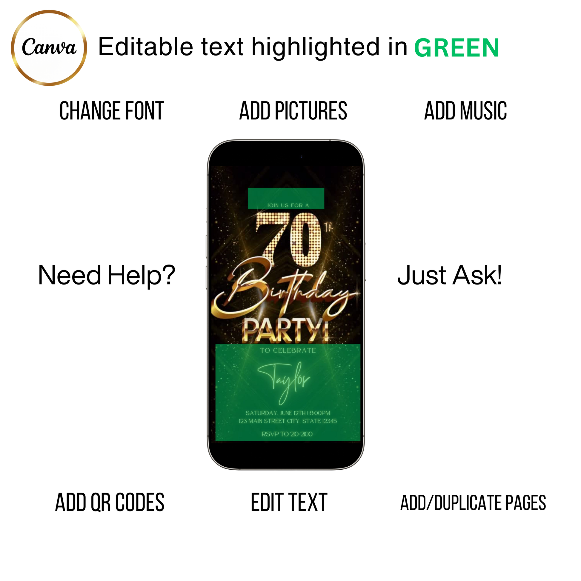 Editable gold glitter 70th birthday party video invitation displayed on a mobile phone, featuring an animated vertical digital invite with music, created in Canva. This premium video invitation template is designed for sharing by text, email, and social media and works with an interactive RSVP website for easy guest response tracking.