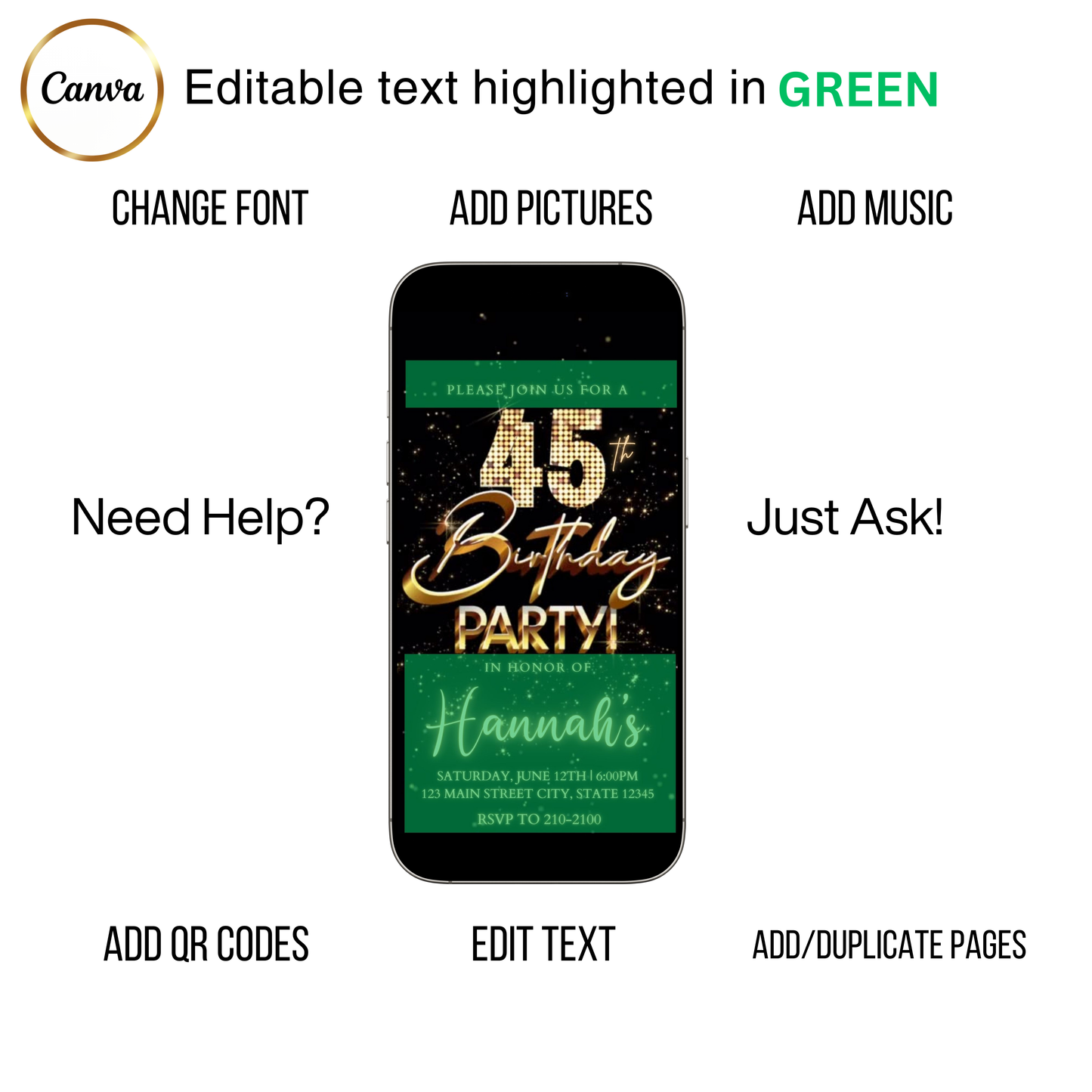 Editable gold fireworks 45th birthday party video invitation displayed on a mobile phone, featuring an animated vertical digital invite with music, created in Canva. This premium video invitation template is designed for sharing by text, email, and social media and works with an interactive RSVP website for easy guest response tracking.