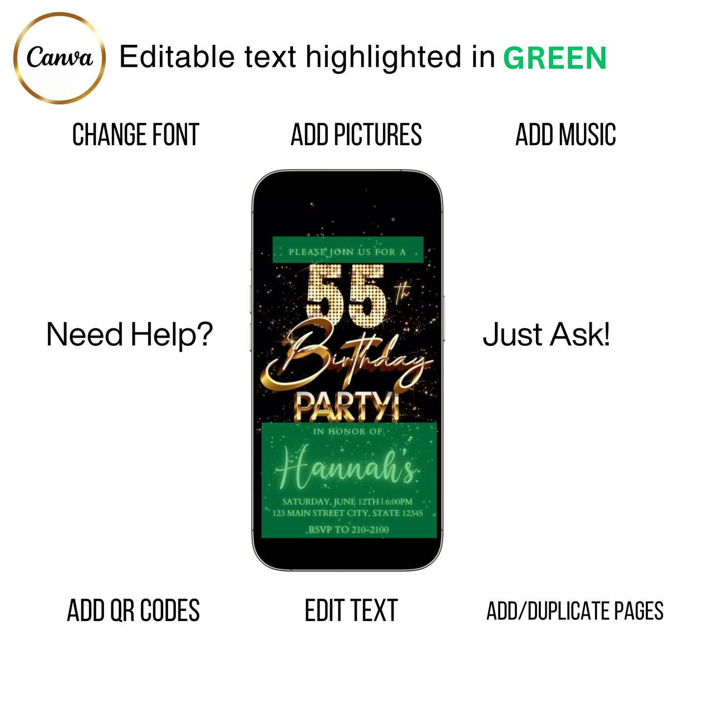 Editable gold fireworks 55th birthday video invitation displayed on a mobile phone, featuring an animated vertical digital invite with music, created in Canva. This premium video invitation template is designed for sharing by text, email, and social media and works with an interactive RSVP website for easy guest response tracking.