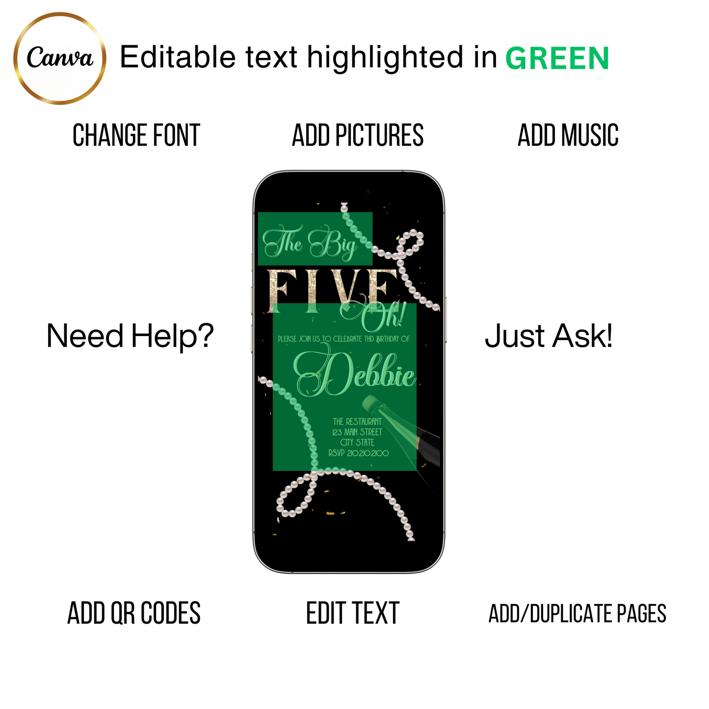 Editable pearl black gold 50th birthday video invitation displayed on a mobile phone, featuring an animated vertical digital invite with music, created in Canva. This premium video invitation template is designed for sharing by text, email, and social media and works with an interactive RSVP website for easy guest response tracking.