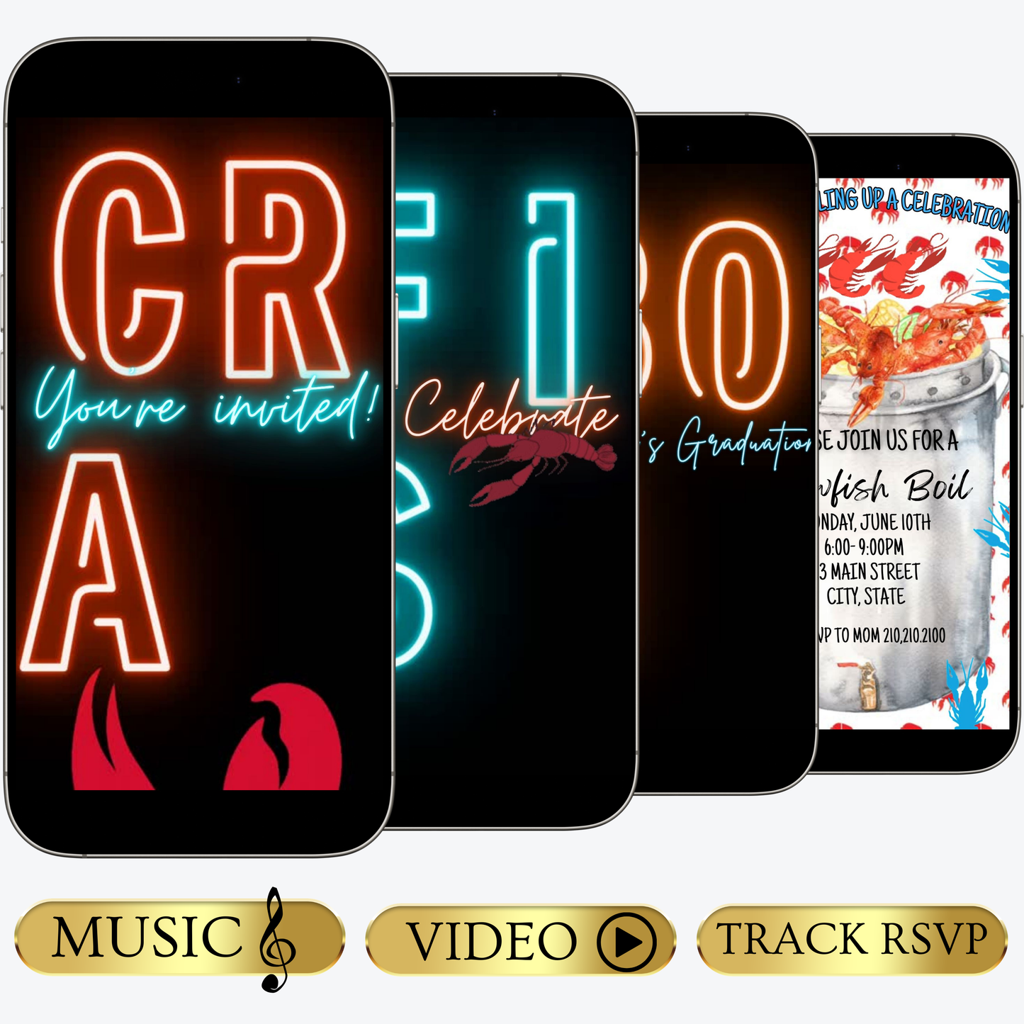 Editable crawfish boil party party video invitation displayed on a mobile phone, featuring an animated vertical digital invite with music, created in Canva. This premium video invitation template is designed for sharing by text, email, and social media and works with an interactive RSVP website for easy guest response tracking.