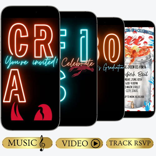 Editable crawfish boil party party video invitation displayed on a mobile phone, featuring an animated vertical digital invite with music, created in Canva. This premium video invitation template is designed for sharing by text, email, and social media and works with an interactive RSVP website for easy guest response tracking.
