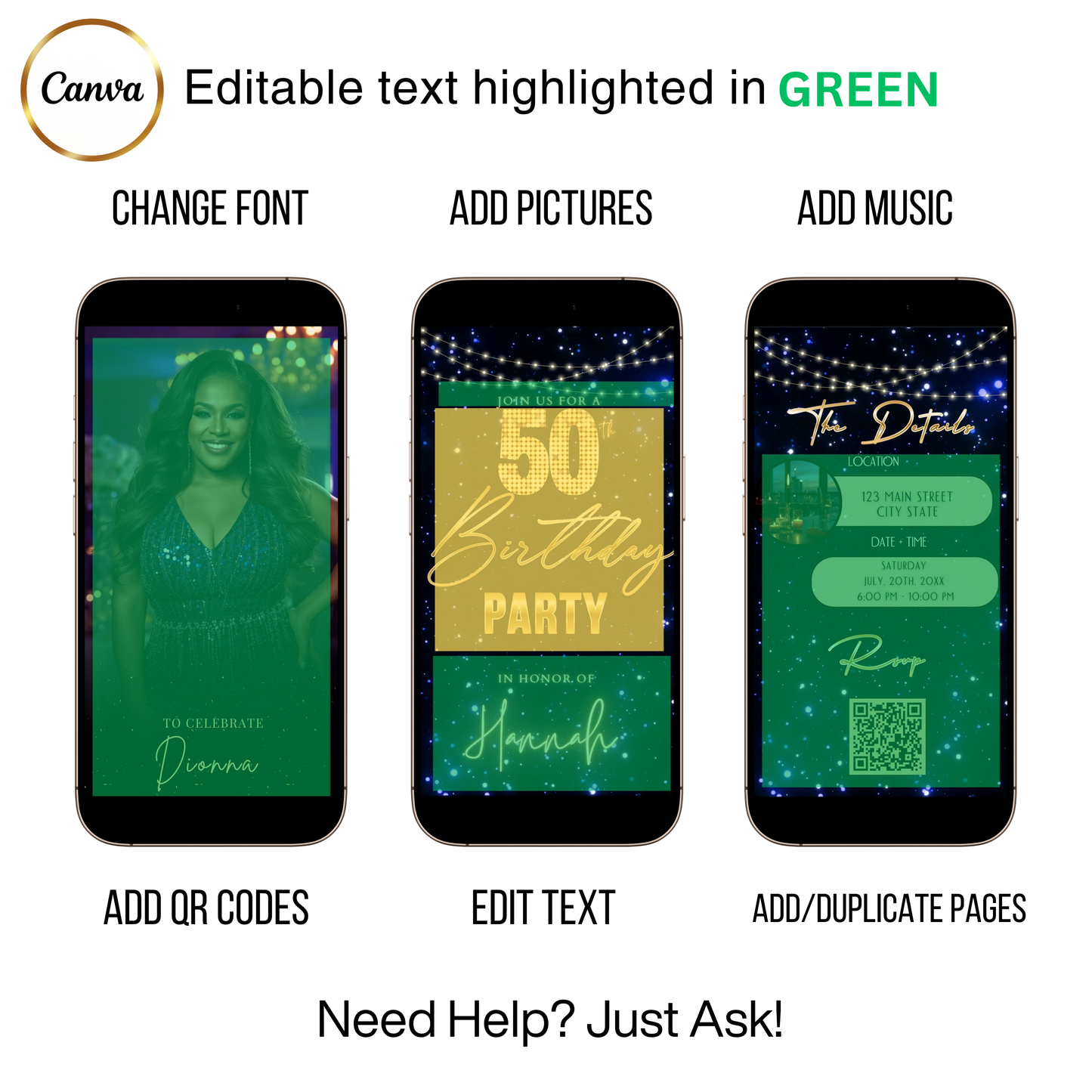 Editable blue starry lights 50th birthday video invitation displayed on a mobile phone, featuring an animated vertical digital invite with music, created in Canva. This premium video invitation template is designed for sharing by text, email, and social media and works with an interactive RSVP website for easy guest response tracking.