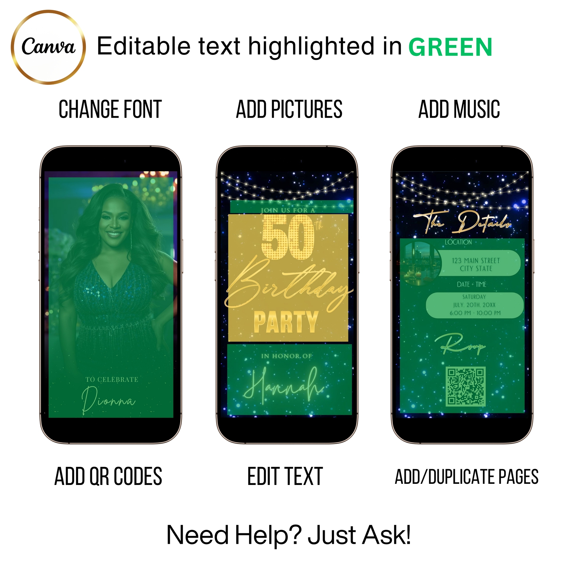 Editable blue starry lights 50th birthday video invitation displayed on a mobile phone, featuring an animated vertical digital invite with music, created in Canva. This premium video invitation template is designed for sharing by text, email, and social media and works with an interactive RSVP website for easy guest response tracking.