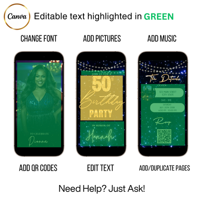 Editable blue starry lights 50th birthday video invitation displayed on a mobile phone, featuring an animated vertical digital invite with music, created in Canva. This premium video invitation template is designed for sharing by text, email, and social media and works with an interactive RSVP website for easy guest response tracking.