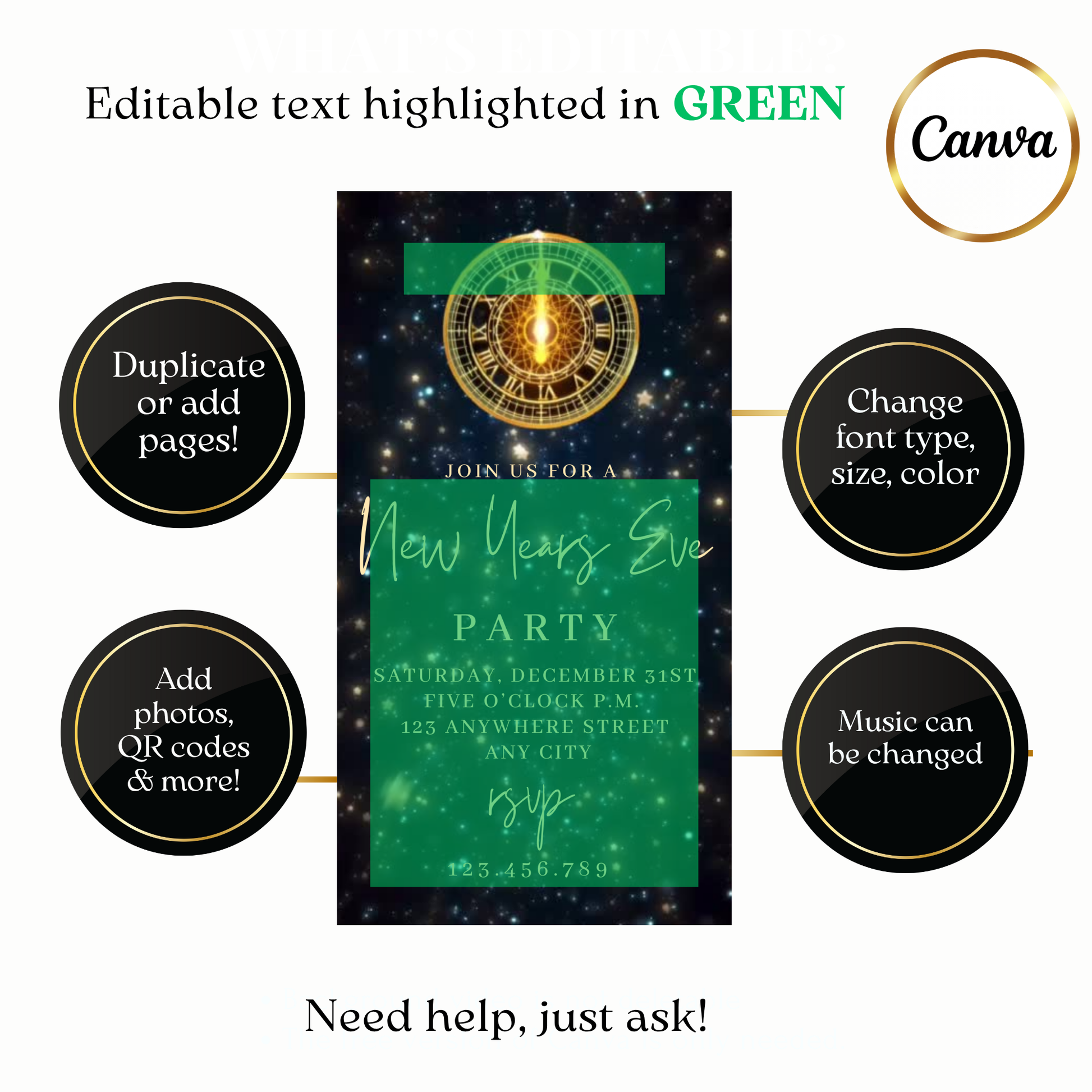 Custom midnight clock digital video invite for New Year