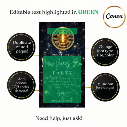 Custom midnight clock digital video invite for New Year