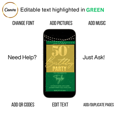 Editable gold glitter starry 50th birthday video invitation displayed on a mobile phone, featuring an animated vertical digital invite with music, created in Canva. This premium video invitation template is designed for sharing by text, email, and social media and works with an interactive RSVP website for easy guest response tracking.