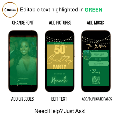 Editable gold stars 50th birthday party video invitation displayed on a mobile phone, featuring an animated vertical digital invite with music, created in Canva. This premium video invitation template is designed for sharing by text, email, and social media and works with an interactive RSVP website for easy guest response tracking.