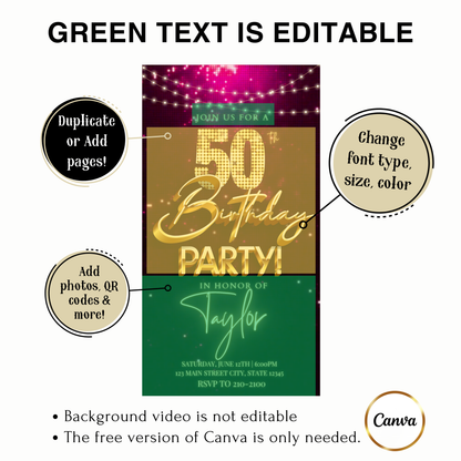 Editable magenta gold sequin 50th birthday video invitation displayed on a mobile phone, featuring an animated vertical digital invite with music, created in Canva. This premium video invitation template is designed for sharing by text, email, and social media and works with an interactive RSVP website for easy guest response tracking.