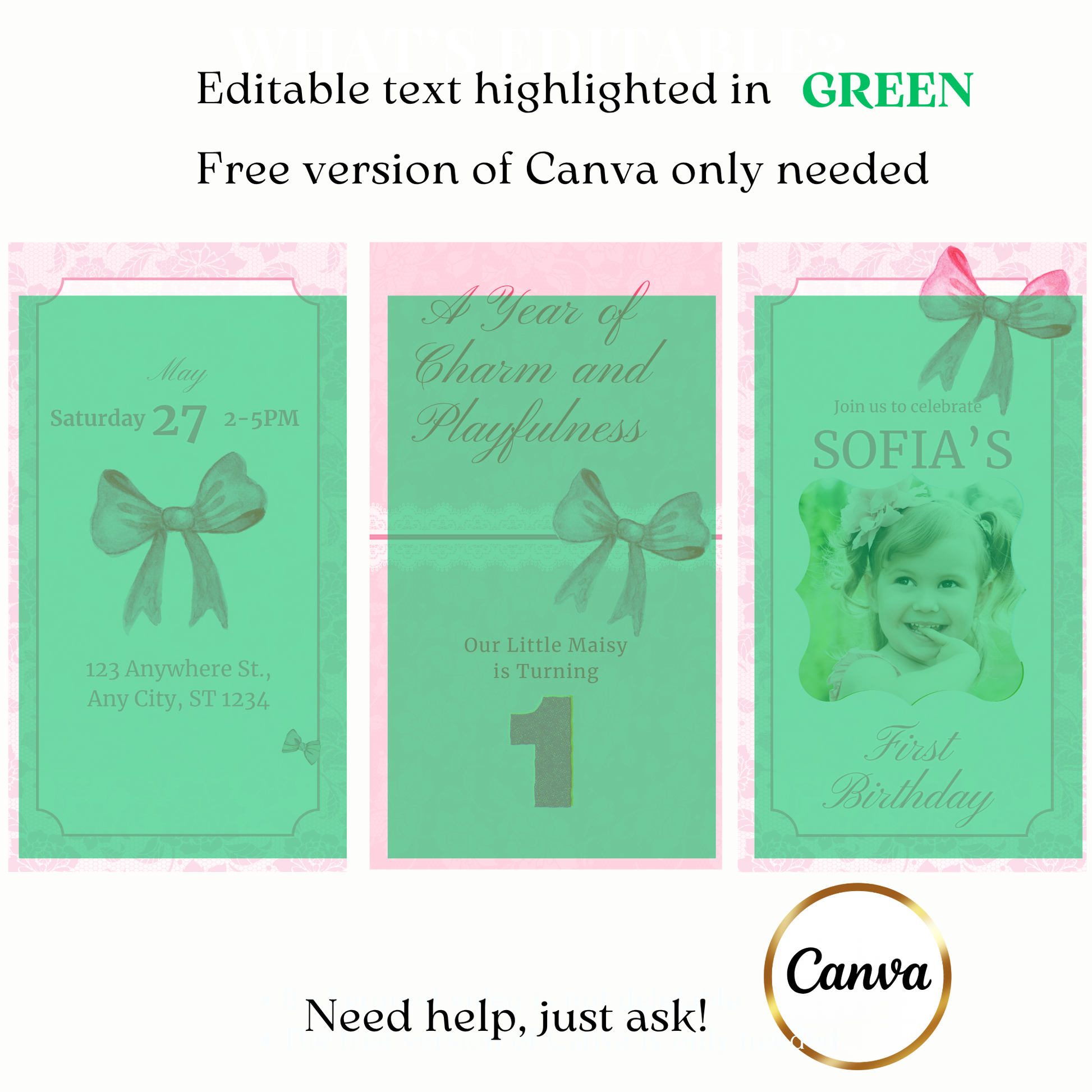 Digital pink elegant first birthday video invite