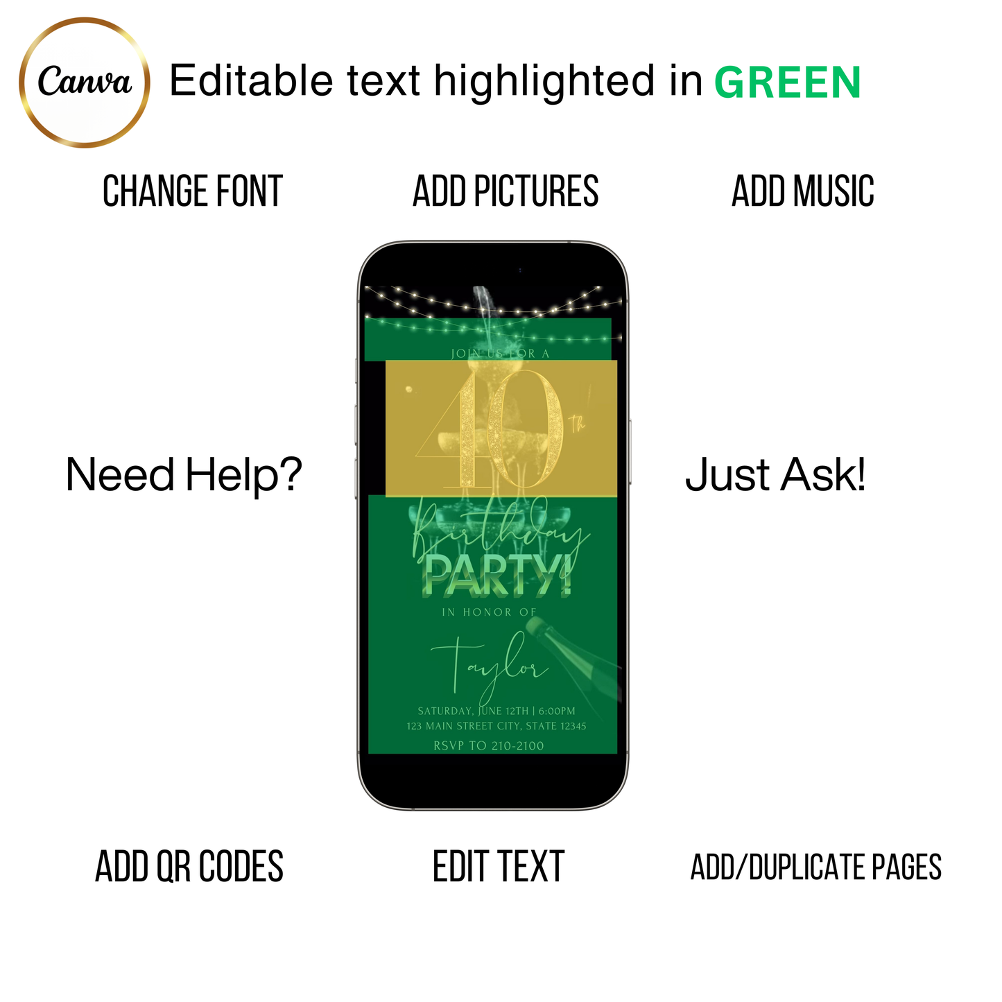 Editable black gold champagne 40th birthday video invitation displayed on a mobile phone, featuring an animated vertical digital invite with music, created in Canva. This premium video invitation template is designed for sharing by text, email, and social media and works with an interactive RSVP website for easy guest response tracking.