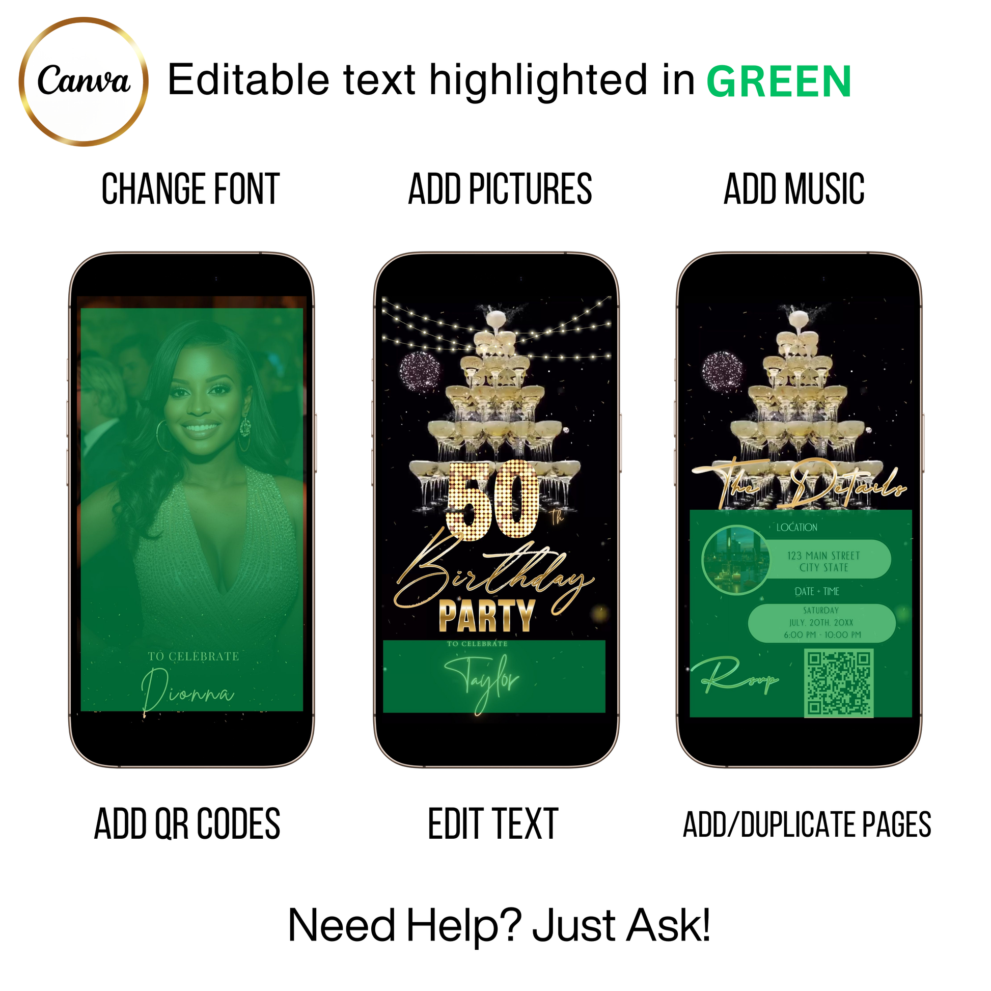 Editable champagne tower gold 50th birthday video invitation displayed on a mobile phone, featuring an animated vertical digital invite with music, created in Canva. This premium video invitation template is designed for sharing by text, email, and social media and works with an interactive RSVP website for easy guest response tracking.