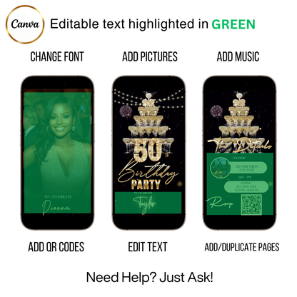 Editable champagne tower gold 50th birthday video invitation displayed on a mobile phone, featuring an animated vertical digital invite with music, created in Canva. This premium video invitation template is designed for sharing by text, email, and social media and works with an interactive RSVP website for easy guest response tracking.