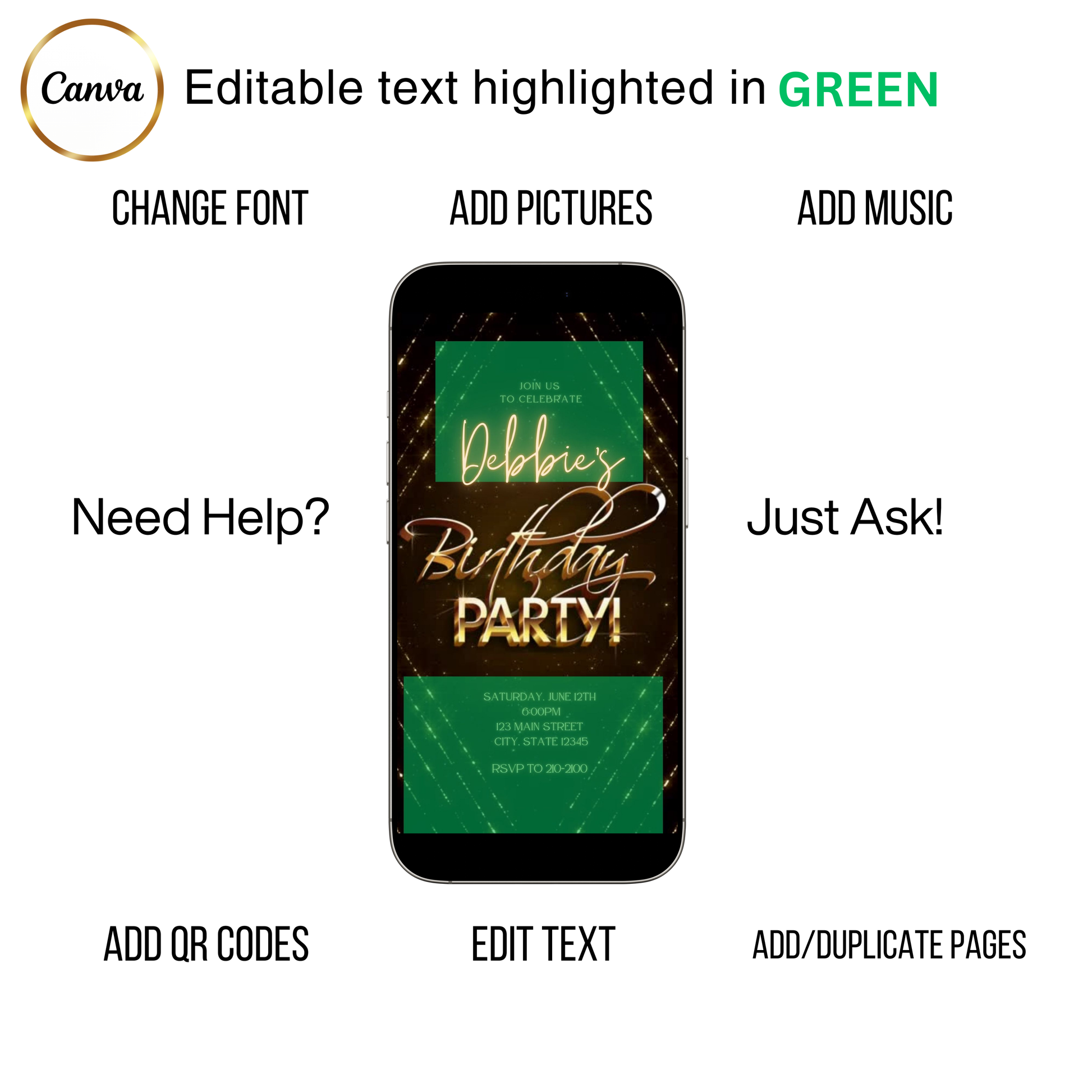 Editable gold glitter any age birthday video invitation displayed on a mobile phone, featuring an animated vertical digital invite with music, created in Canva. This premium video invitation template is designed for sharing by text, email, and social media and works with an interactive RSVP website for easy guest response tracking.