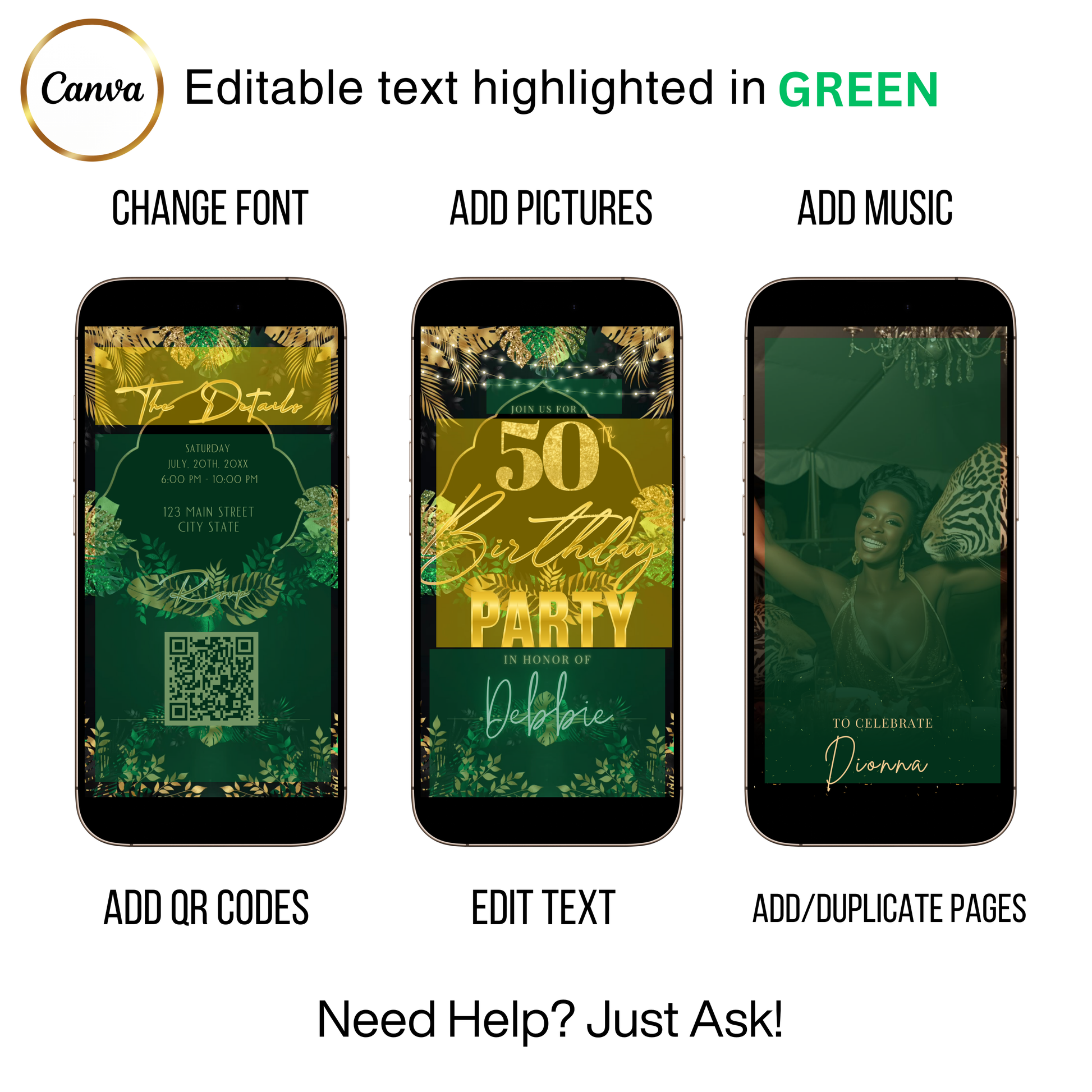 Editable tropical green gold 50th birthday video invitation displayed on a mobile phone, featuring an animated vertical digital invite with music, created in Canva. This premium video invitation template is designed for sharing by text, email, and social media and works with an interactive RSVP website for easy guest response tracking.